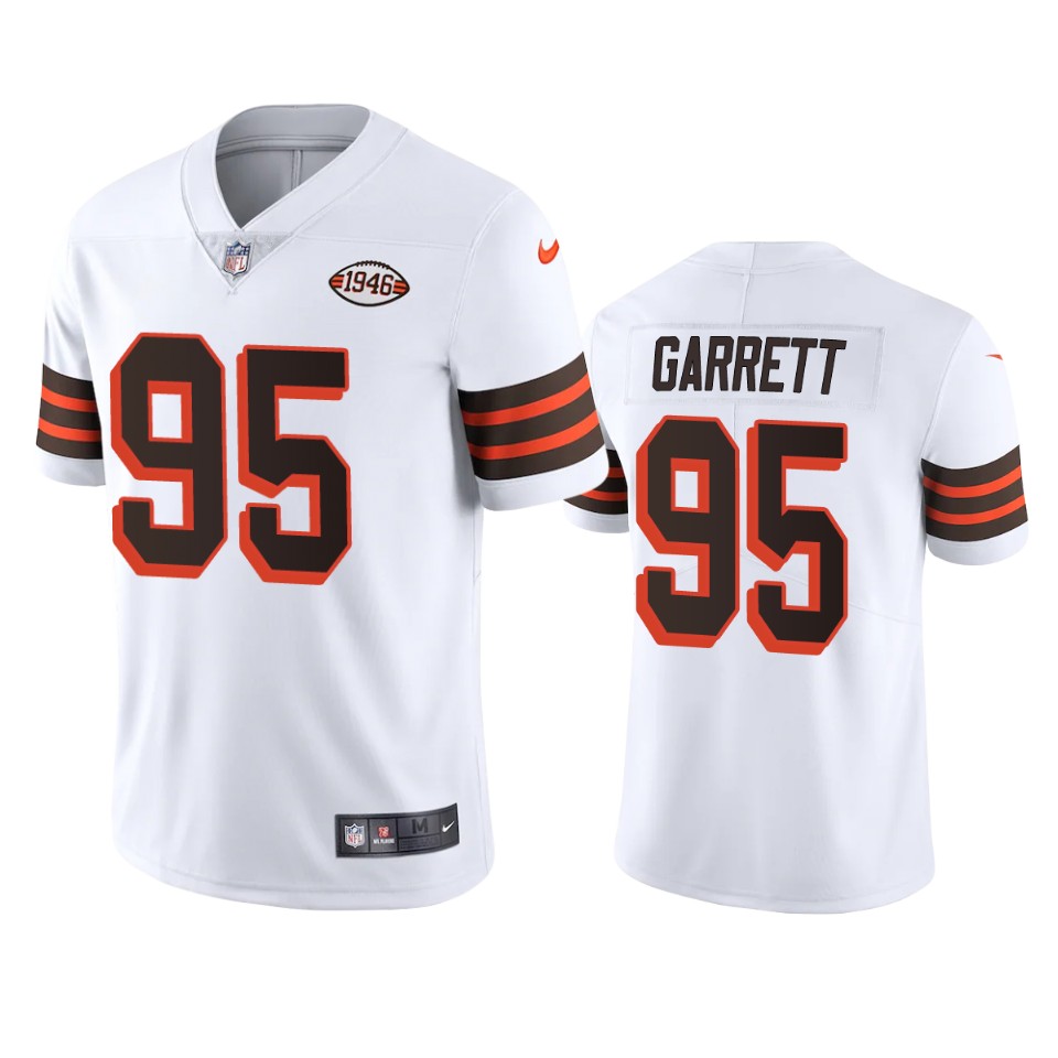 Cleveland Browns #95 Myles Garrett Nike 1946 Collection Alternate Vapor Limited NFL Jersey - White Cleveland Browns #95 Myles Garrett Nike 1946 Collection Alternate Vapor Limited NFL Jersey - White