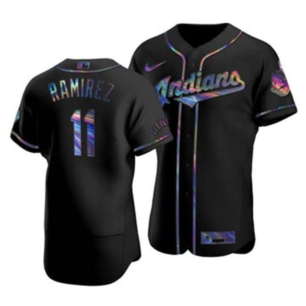 Cleveland Indians #11 Jose Ramirez Men's Nike Iridescent Holographic Collection MLB Jersey - Black Cleveland Indians #11 Jose Ramirez Men's Nike Iridescent Holographic Collection MLB Jersey - Black