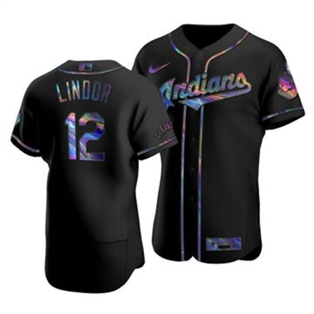 Cleveland Indians #12 Francisco Lindor Men's Nike Iridescent Holographic Collection MLB Jersey - Black Cleveland Indians #12 Francisco Lindor Men's Nike Iridescent Holographic Collection MLB Jersey - Black
