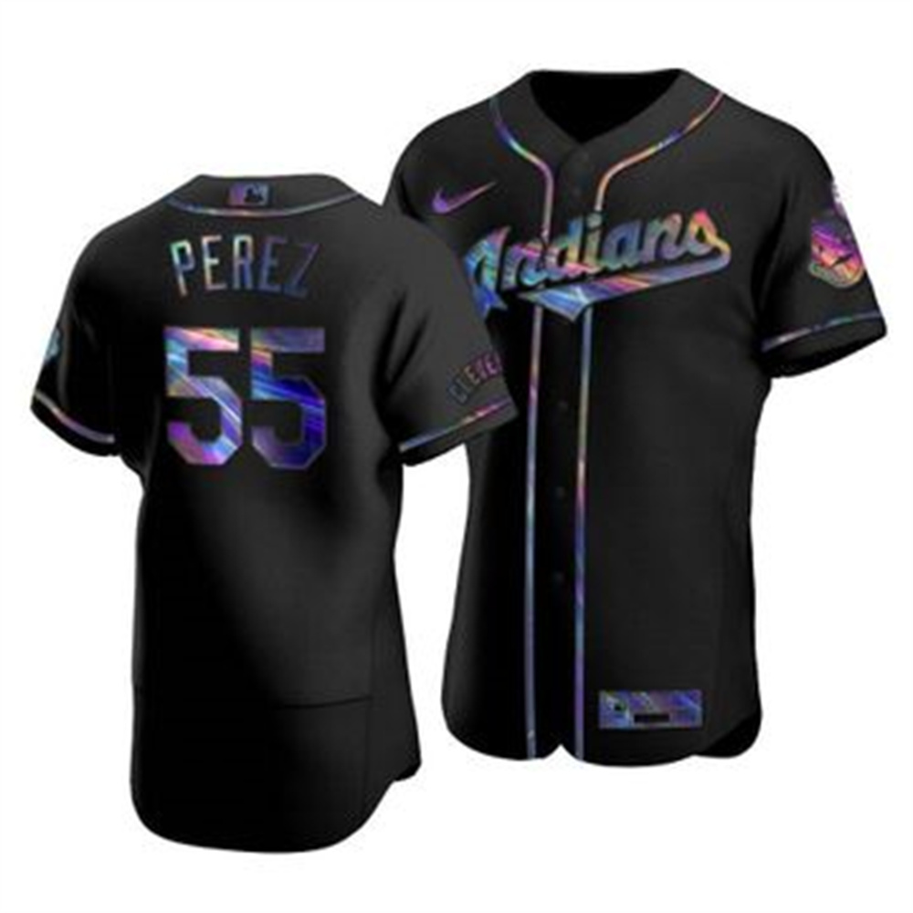 Cleveland Indians #55 Roberto Perez Men's Nike Iridescent Holographic Collection MLB Jersey - Black Cleveland Indians #55 Roberto Perez Men's Nike Iridescent Holographic Collection MLB Jersey - Black