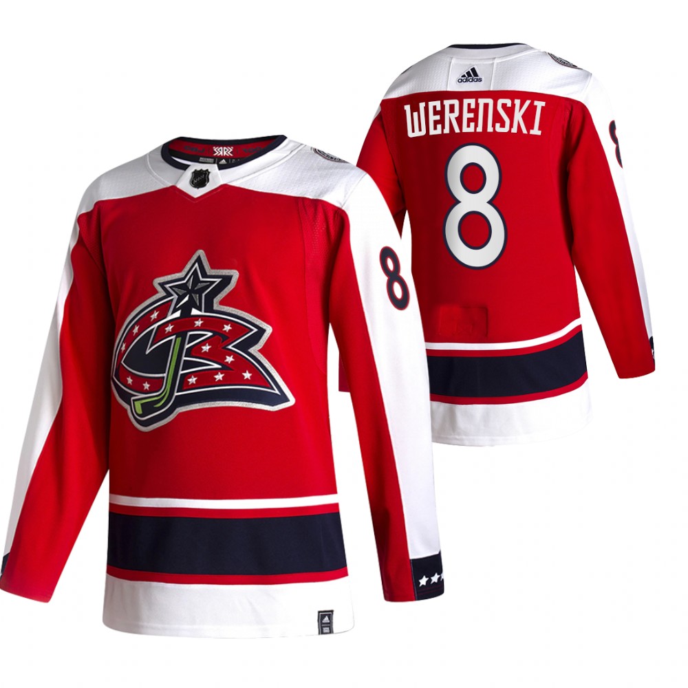 Columbus Blue Jackets #8 Zach Werenski Red Men's Adidas 2020-21 Reverse Retro Alternate NHL Jersey Columbus Blue Jackets #8 Zach Werenski Red Men's Adidas 2020-21 Reverse Retro Alternate NHL Jersey