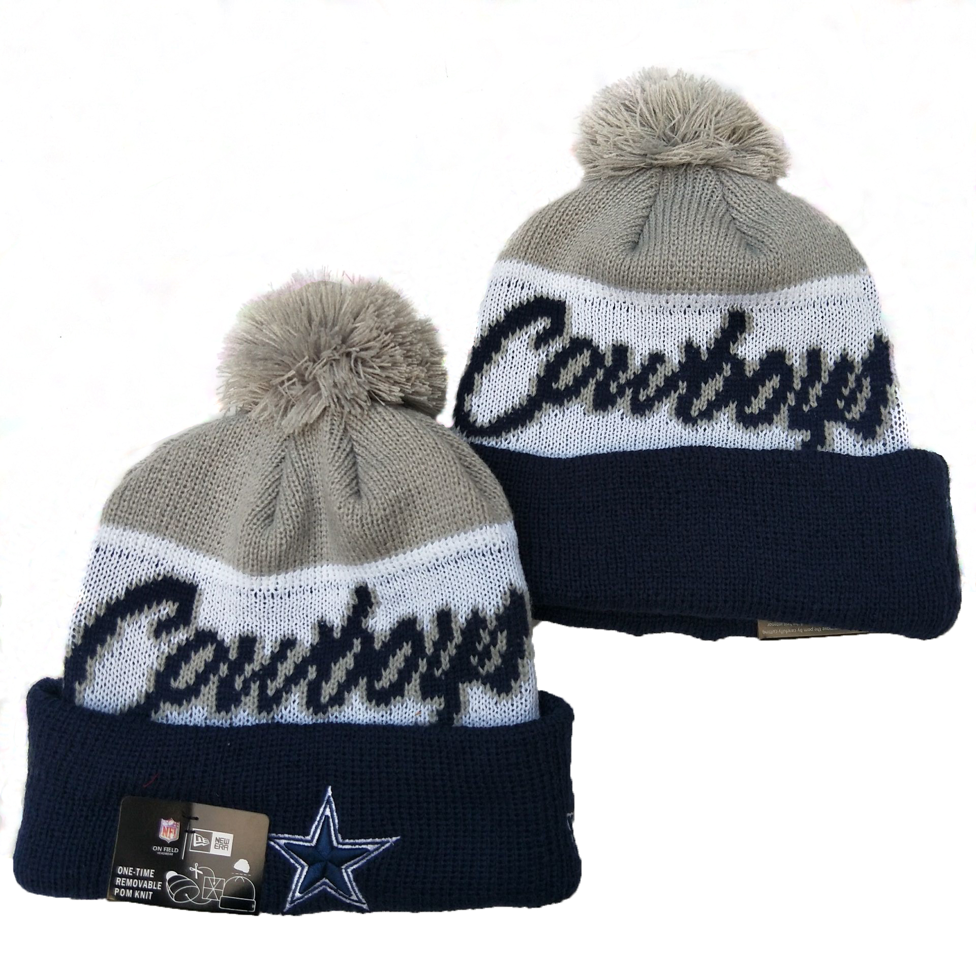 Cowboys Team Logo Gray White Navy Pom Knit Hat YD
