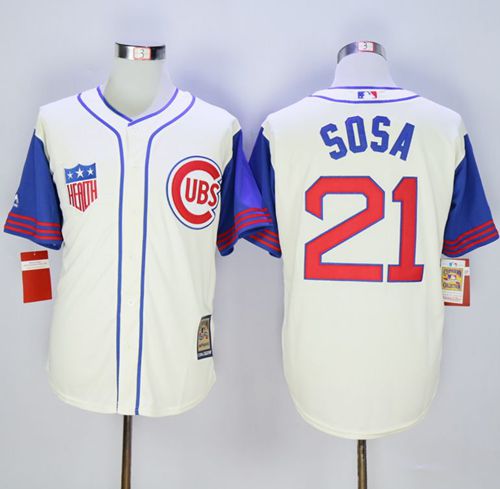 Cubs #21 Sammy Sosa Cream Blue 1942 Turn Back The Clock Stitched MLB Jersey