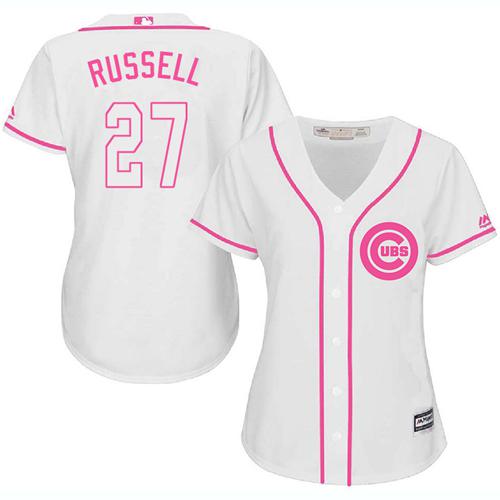 Cubs #27 Addison Russell White Pink Fashion Women's Stitched MLB Jersey