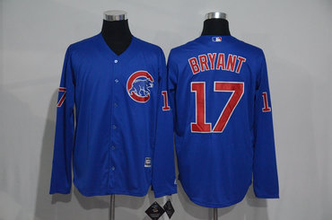 Cubs 17 Kris Bryant Blue Long Sleeve Cool Base Jersey