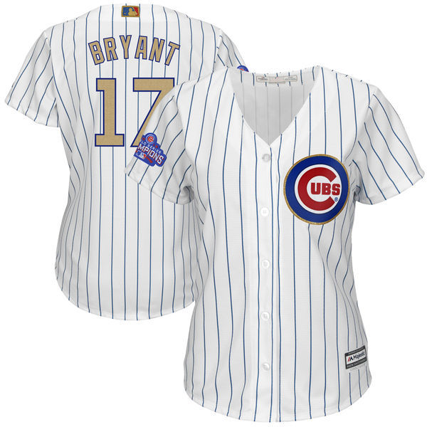 Cubs 17 Kris Bryant White Women World Series Champions Gold Program Cool Base Jersey