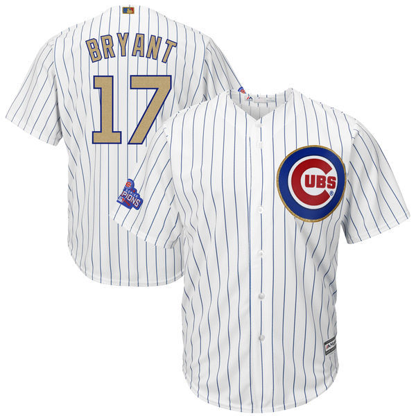 Cubs 17 Kris Bryant White World Series Champions Gold Program Cool Base Jersey