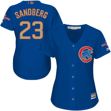 Cubs 23 Ryne Sandberg Blue Women World Series Champions Gold Program Cool Base Jersey