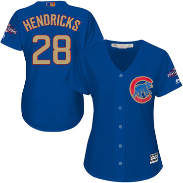 Cubs 28 Kyle Hendricks Blue Women World Series Champions Gold Program Cool Base Jersey