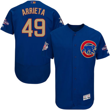 Cubs 49 Jake Arrieta Blue World Series Champions Gold Program Flexbase Jersey