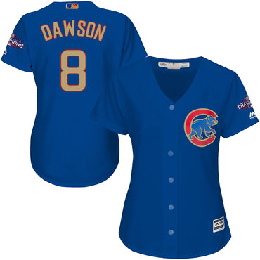 Cubs 8 Andre Dawson Blue Women World Series Champions Gold Program Cool Base Jersey