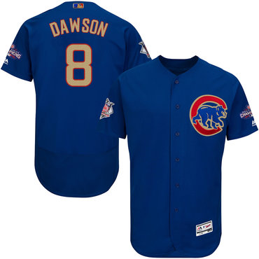 Cubs 8 Andre Dawson Blue World Series Champions Gold Program Flexbase Jersey