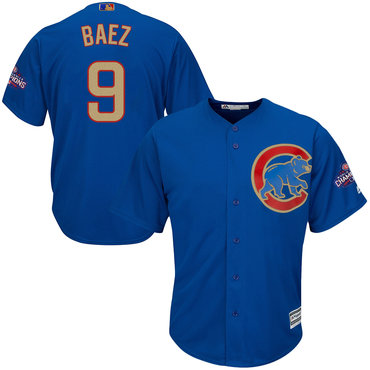 Cubs 9 Javier Baez Blue World Series Champions Gold Program Cool Base Jersey