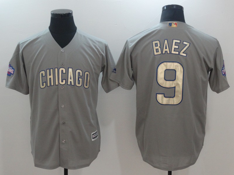 Cubs 9 Javier Baez Gray World Series Champions Gold Program Cool Base Jersey