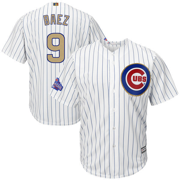 Cubs 9 Javier Baez White World Series Champions Gold Program Cool Base Jersey