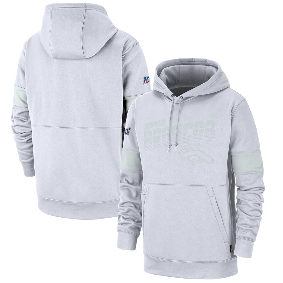 Denver Broncos Nike NFL 100 2019 Sideline Platinum Therma Pullover Hoodie White Denver Broncos Nike NFL 100 2019 Sideline Platinum Therma Pullover Hoodie White