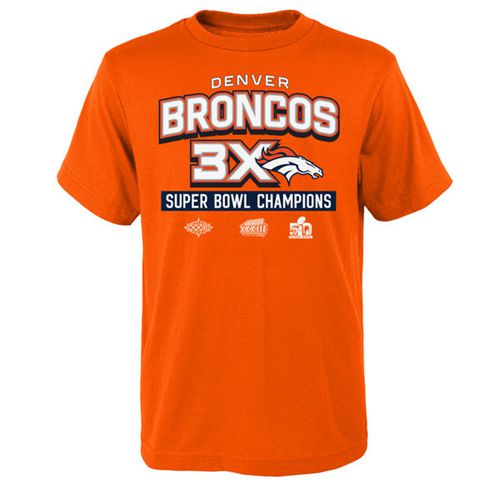 Denver Broncos Youth Super Bowl 50 Champions 3-Time Champs Award Tour T-Shirt Orange Denver Broncos Youth Super Bowl 50 Champions 3-Time Champs Award Tour T-Shirt Orange