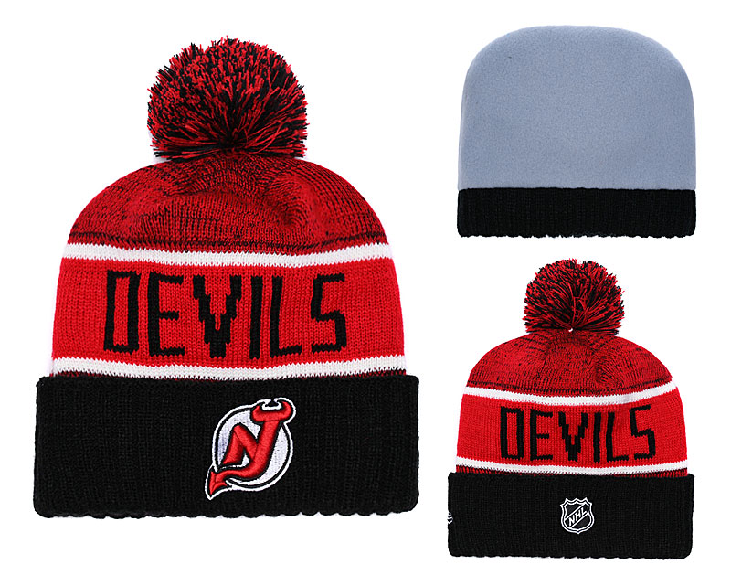 Devils Fresh Logo Red Black Pom Knit Hat YD Devils Fresh Logo Red Black Pom Knit Hat YD