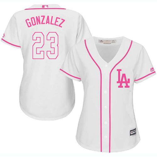 Dodgers #23 Adrian Gonzalez White Pink Fashion Women's Stitched MLB Jersey