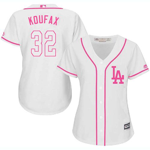 Dodgers #32 Sandy Koufax White Pink Fashion Women's Stitched MLB Jersey
