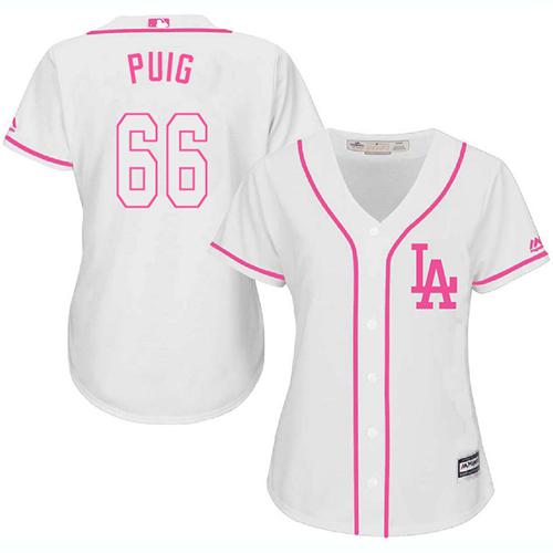 Dodgers #66 Yasiel Puig White Pink Fashion Women's Stitched MLB Jersey
