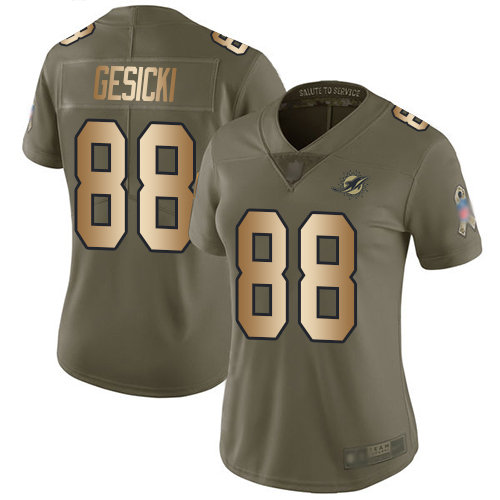 Dolphins #88 Mike Gesicki Olive Gold Women's Stitched Football Limited 2017 Salute to Service Jersey Dolphins #88 Mike Gesicki Olive Gold Women's Stitched Football Limited 2017 Salute to Service Jersey