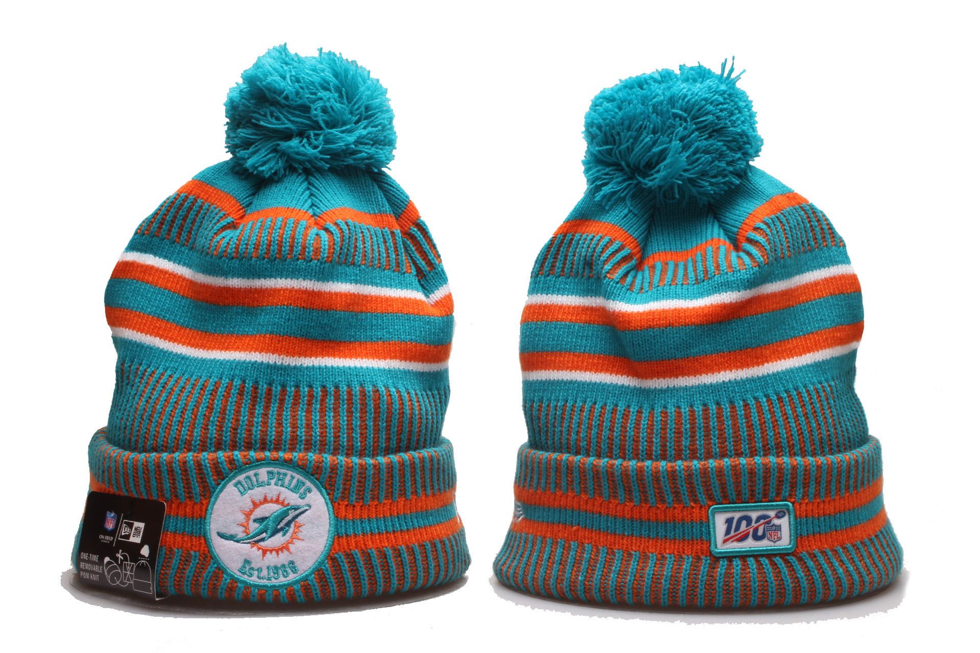 Dolphins Team Logo Aqua 100th Season Pom Knit Hat YD