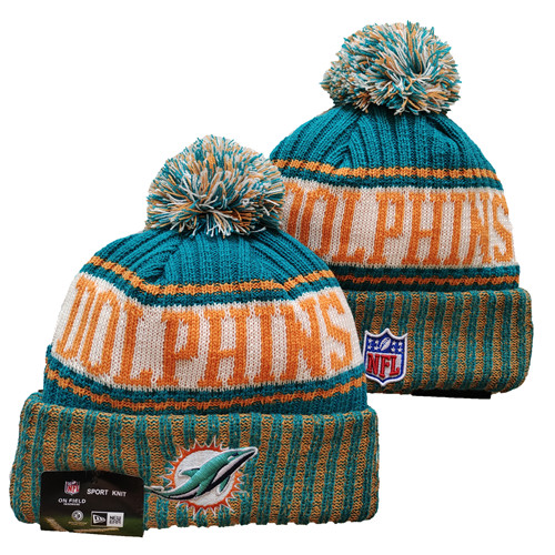 Dolphins Team Logo Aque And Orange Pom Cuffed Knit Hat -YD