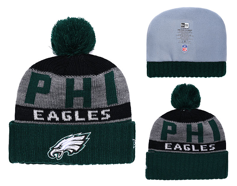 Eagles Fresh Logo Gray Black Green Pom Knit Hat YD