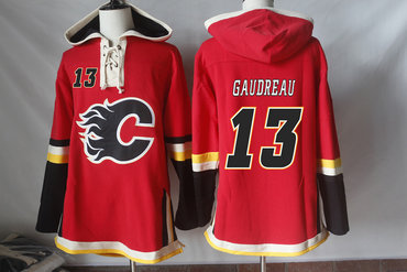 Flames 13 Johnny Gaudreau Red All Stitched Hooded Sweatshirt
