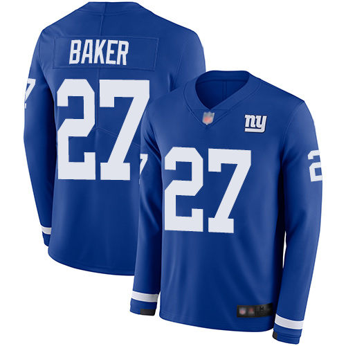 Giants #27 Deandre Baker Royal Blue Team Color Men's Stitched Football Limited Therma Long Sleeve Jersey Giants #27 Deandre Baker Royal Blue Team Color Men's Stitched Football Limited Therma Long Sleeve Jersey