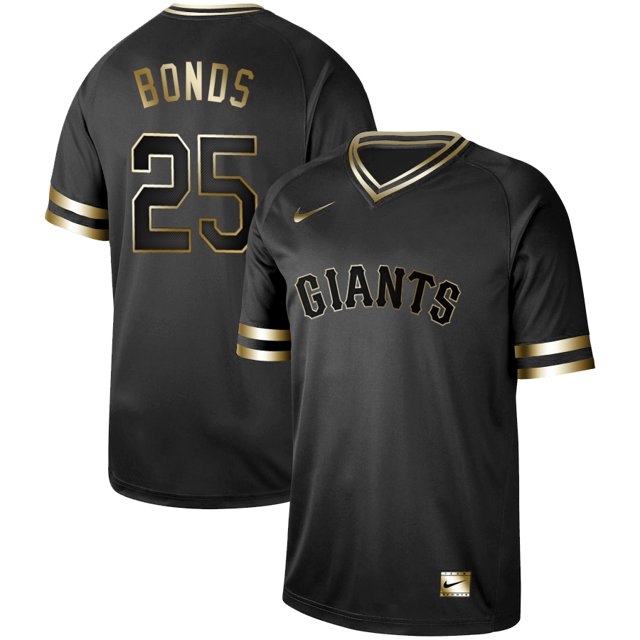Giants 25 Barry Bonds Black Gold Nike Cooperstown Collection Legend V Neck Jersey