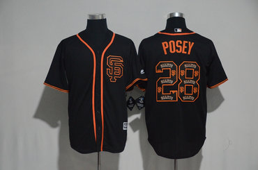 Giants 28 Buster Posey Black Team Logo Print Cool Base Jersey