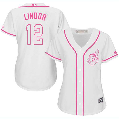 Indians #12 Francisco Lindor White Pink Fashion Women's Stitched MLB Jersey