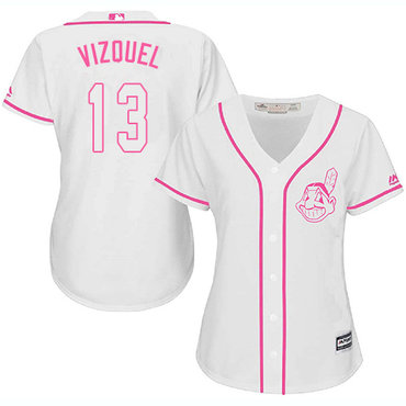 Indians #13 Omar Vizquel White Pink Fashion Women's Stitched MLB Jersey