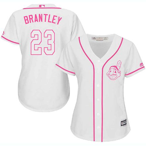 Indians #23 Michael Brantley White Pink Fashion Women's Stitched MLB Jersey