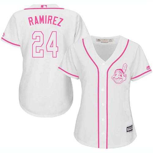 Indians #24 Manny Ramirez White Pink Fashion Women's Stitched MLB Jersey