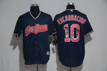 Indians 10 Edwin Encarnacion Navy Team Logo Print Cool Base Jersey