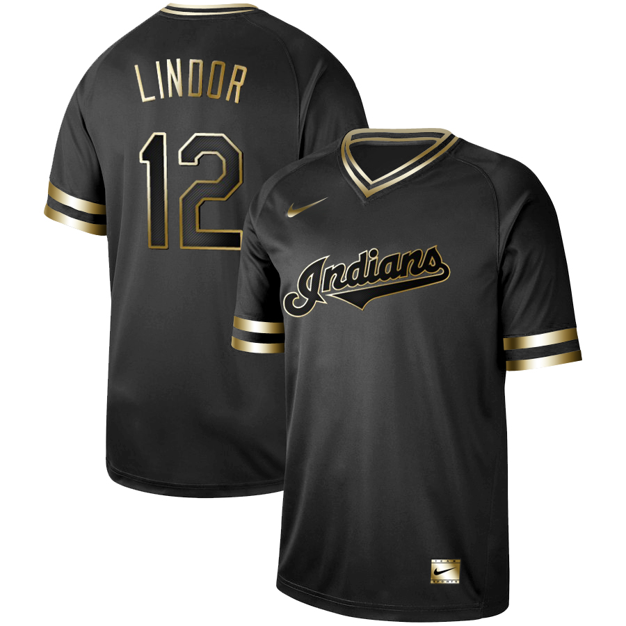 Indians 12 Francisco Lindor Black Gold Nike Cooperstown Collection Legend V Neck Jersey