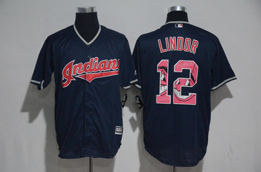 Indians 12 Francisco Lindor Navy Team Logo Print Cool Base Jersey