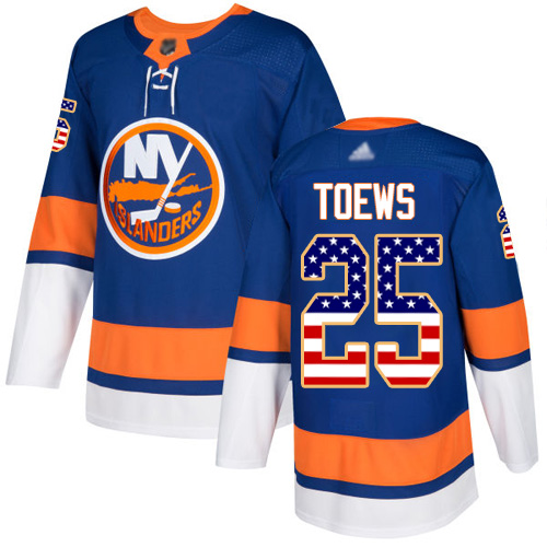 Islanders #25 Devon Toews Royal Blue Home Authentic USA Flag Stitched Hockey Jersey Islanders #25 Devon Toews Royal Blue Home Authentic USA Flag Stitched Hockey Jersey