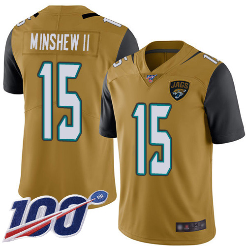 Jaguars #15 Gardner Minshew II Gold Men's Stitched Football Limited Rush 100th Season Jersey Jaguars #15 Gardner Minshew II Gold Men's Stitched Football Limited Rush 100th Season Jersey