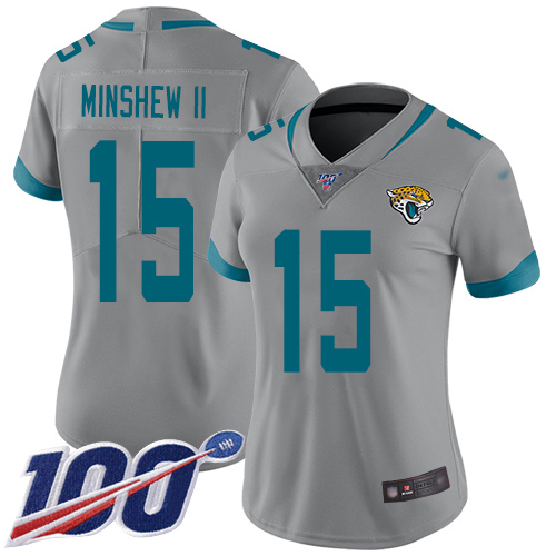Jaguars #15 Gardner Minshew II Silver Women's Stitched Football Limited Inverted Legend 100th Season Jersey Jaguars #15 Gardner Minshew II Silver Women's Stitched Football Limited Inverted Legend 100th Season Jersey