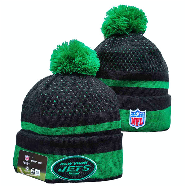 Jets Team Logo Black And Green Pom Cuffed Knit Hat YD