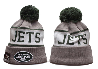 Jets Team Logo Gray White Pom Knit Hat YP