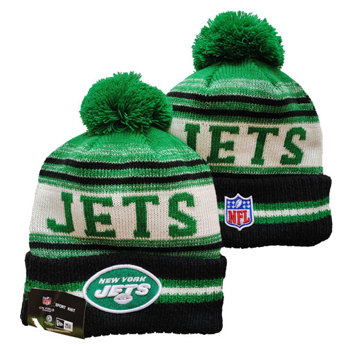Jets Team Logo Green And Black Pom Cuffed Knit Hat YD