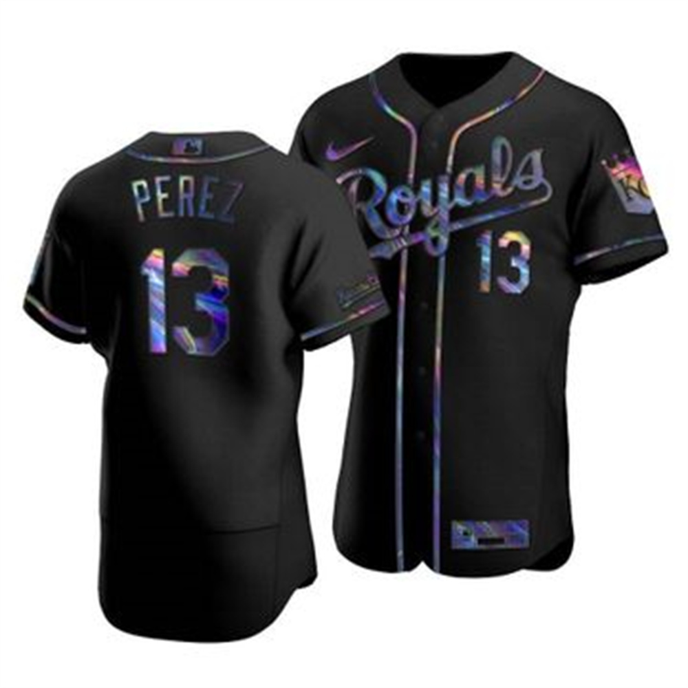 Kansas City Royals #13 Salvador Perez Men's Nike Iridescent Holographic Collection MLB Jersey - Black Kansas City Royals #13 Salvador Perez Men's Nike Iridescent Holographic Collection MLB Jersey - Black
