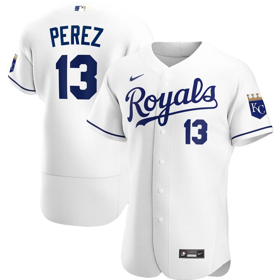 Kansas City Royals #13 Salvador Perez Men's Nike White Home 2020 Authentic Player MLB Jersey Kansas City Royals #13 Salvador Perez Men's Nike White Home 2020 Authentic Player MLB Jersey