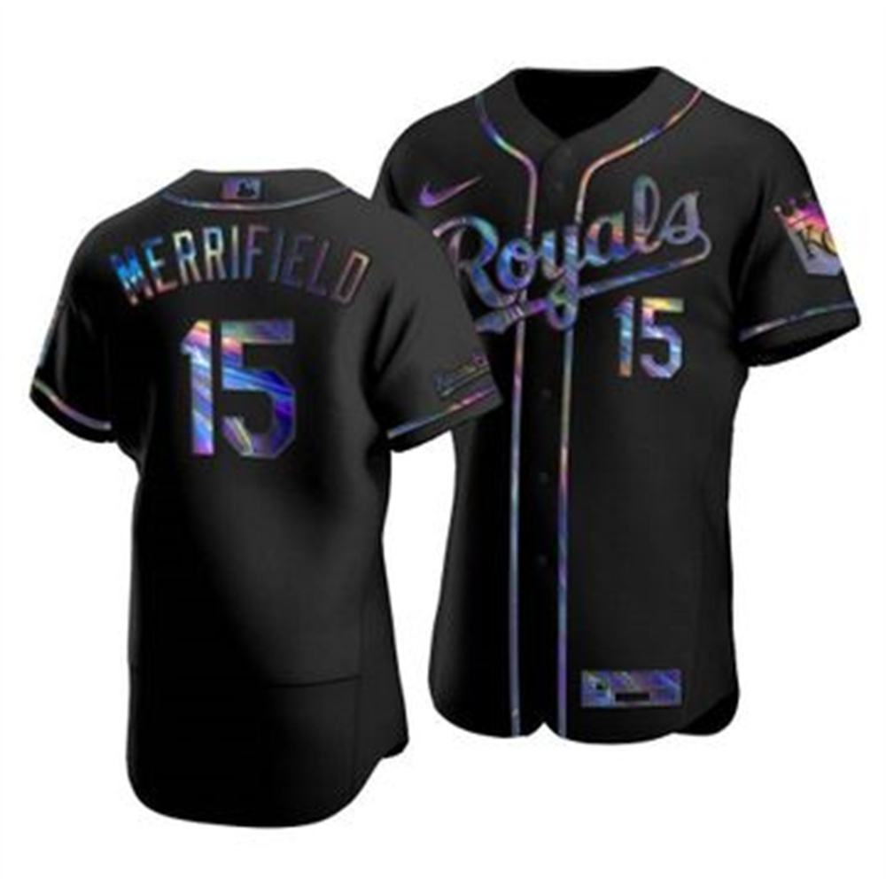Kansas City Royals #15 Whit Merrifield Men's Nike Iridescent Holographic Collection MLB Jersey - Black Kansas City Royals #15 Whit Merrifield Men's Nike Iridescent Holographic Collection MLB Jersey - Black