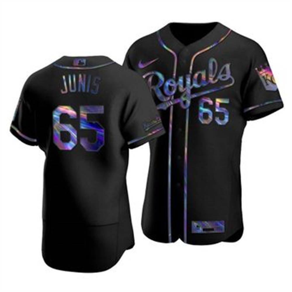 Kansas City Royals #65 Jakob Junis Men's Nike Iridescent Holographic Collection MLB Jersey - Black Kansas City Royals #65 Jakob Junis Men's Nike Iridescent Holographic Collection MLB Jersey - Black